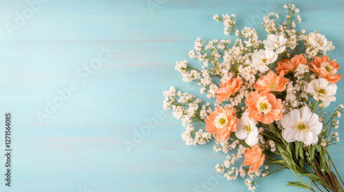 Delightful bouquet of orange and white flowers on rustic blue wooden background for springtime inspiration photo