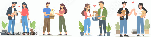 A couple adopting a pet, feeling joyful and excited. Style flat design, simple, minimalist, background white. Standing fullbody.
