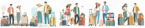 A couple packing for a vacation, feeling anticipatory. Style flat design, simple, minimalist, background white. Standing fullbody.