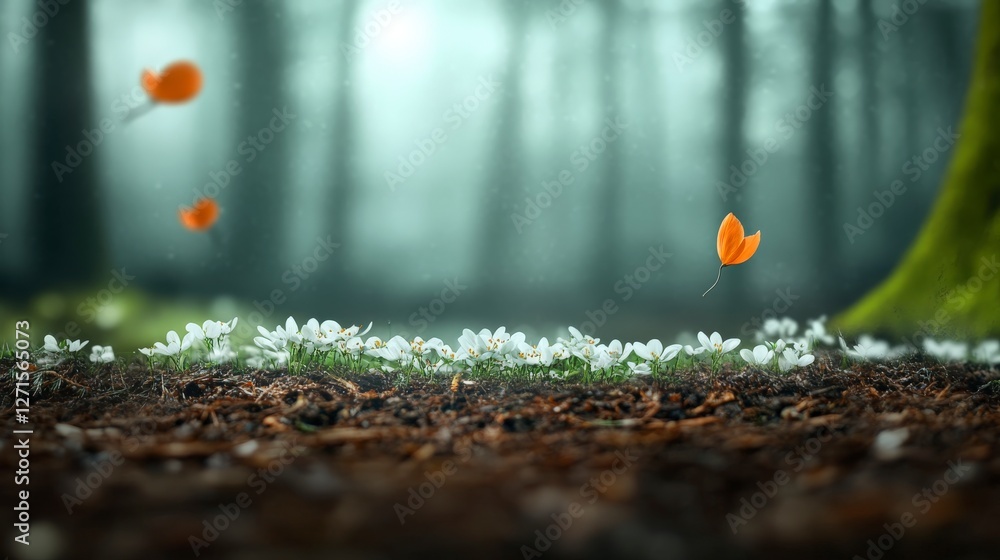 Serene Forest Scene with Delicate White Flowers and Vibrant Orange Leaves Dancing in the Gentle Breeze Serene Forest Scene with Delicate White Flowers and Vibrant Orange Leaves Dancing in the Gentle Breeze