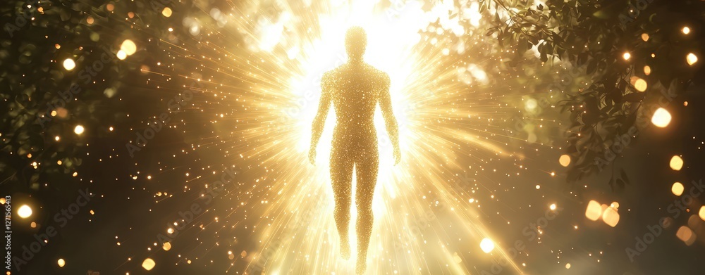 Golden Light Figure Emerging from Nature with Sparkles Illuminating Ethereal Environment Golden Light Figure Emerging from Nature with Sparkles Illuminating Ethereal Environment