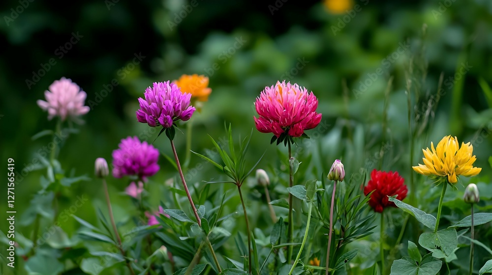 Vibrant Pink Purple Red Orange Yellow Clover Blossoms in Lush Green Garden Vibrant Pink Purple Red Orange Yellow Clover Blossoms in Lush Green Garden