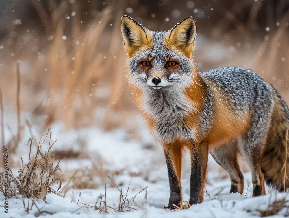 Gray Fox Stands Alert in Snowy Landscape Amid Gentle Falling Snowflakes Gray Fox Stands Alert in Snowy Landscape Amid Gentle Falling Snowflakes