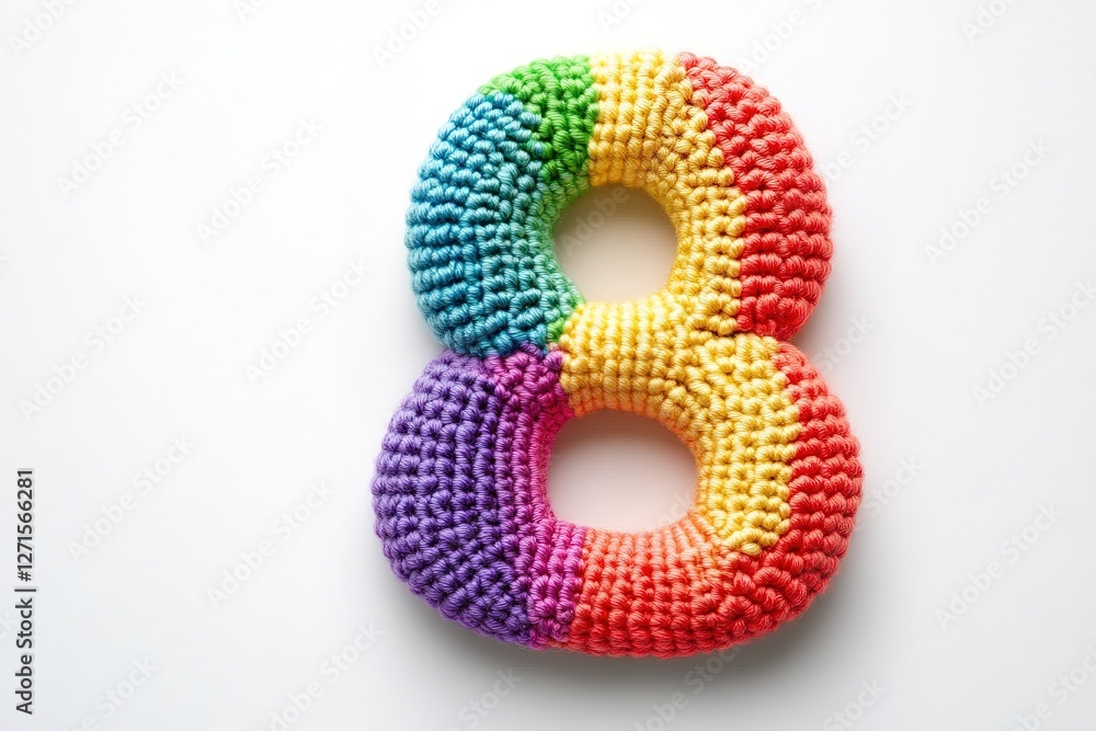 Vibrant Crochet Number Eight: A Colorful, Handcrafted Delight Against a Pristine White Background. Perfect for crafting blogs, websites, educational materials, and more! Ideal for projects needing a Vibrant Crochet Number Eight: A Colorful, Handcrafted Delight Against a Pristine White Background. Perfect for crafting blogs, websites, educational materials, and more! Ideal for projects needing a