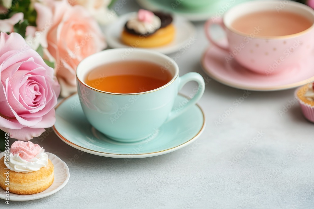 A delightful tea setup featuring a pastel cup, floral arrangement, and an array of sweet treats for an inviting afternoon. A delightful tea setup featuring a pastel cup, floral arrangement, and an array of sweet treats for an inviting afternoon.