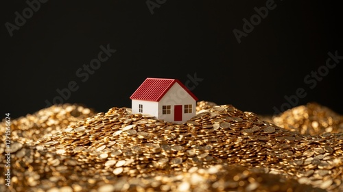 A small house sits atop a mound of shiny gold coins, symbolizing wealth and prosperity.