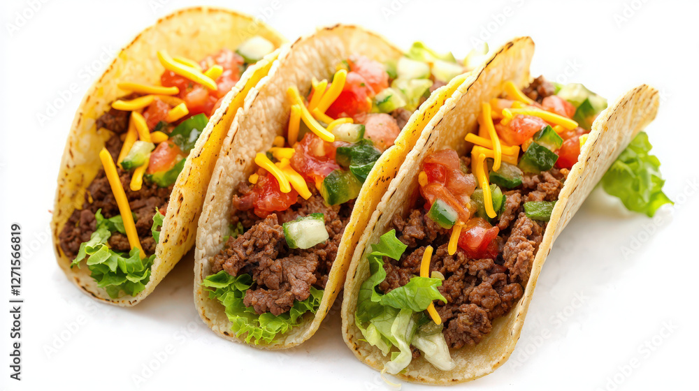 Tacos filled with beef, cheese, lettuce, and salsa Tacos filled with beef, cheese, lettuce, and salsa