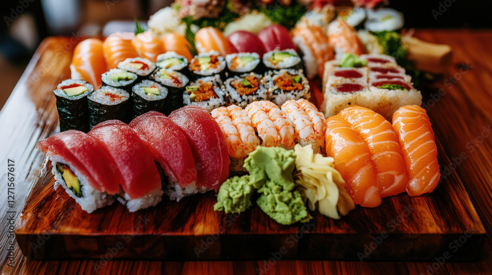 A beautifully arranged sushi platter with wasabi and ginger A beautifully arranged sushi platter with wasabi and ginger