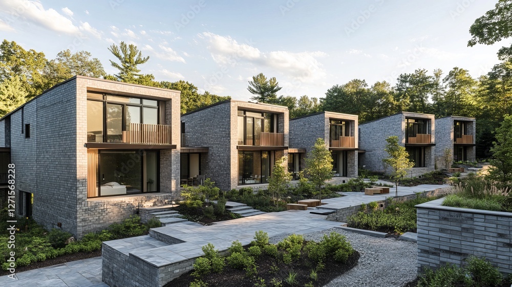 Modern Brick Apartment Complex with Lush Courtyard Design. Stunning Architectural Details and Urban Living Spaces. A Masterpiece of Contemporary Architecture. Modern Brick Apartment Complex with Lush Courtyard Design. Stunning Architectural Details and Urban Living Spaces. A Masterpiece of Contemporary Architecture.