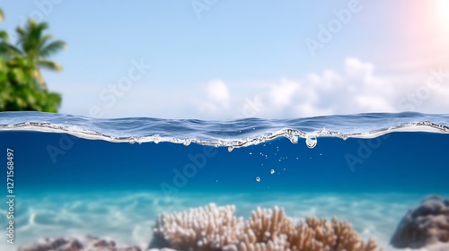 Fototapeta Naklejka Na Ścianę i Meble -  Ocean waves gently crash over vibrant coral reef under sunny skies. AI Generated