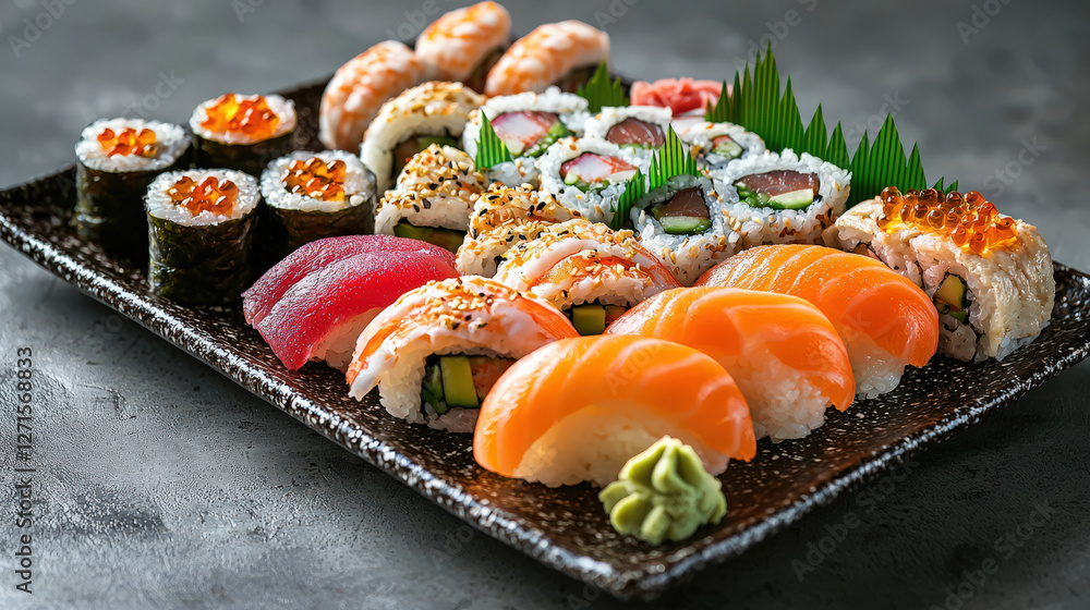 A beautifully arranged sushi platter with wasabi and ginger A beautifully arranged sushi platter with wasabi and ginger