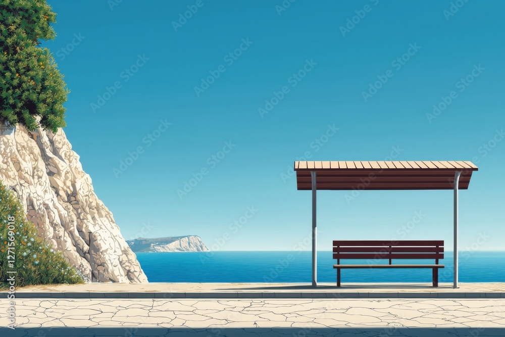 Travel bus station on coastal road scenic view ocean perspective Travel bus station on coastal road scenic view ocean perspective
