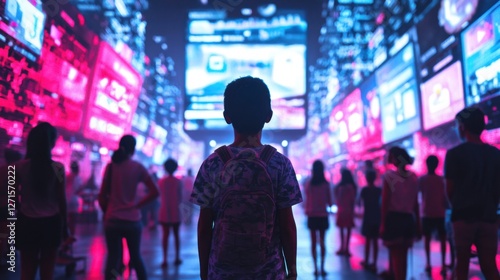 Youth in Front of Screens at Amusement Park Attraction