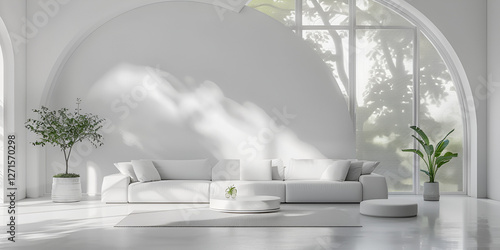 Minimalist bright interior with soft natural light and artistic wall shadows, creating a serene and modern home atmosphere