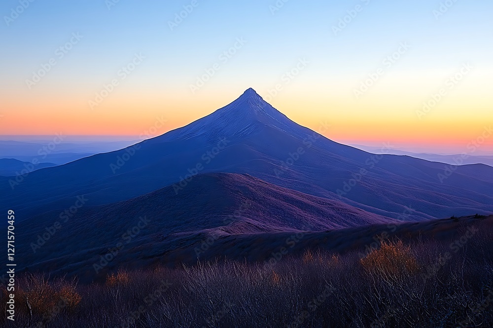 Naklejka premium Majestic mountain peak at sunset, casting shadows over rolling hills and valleys, serene atmosphere