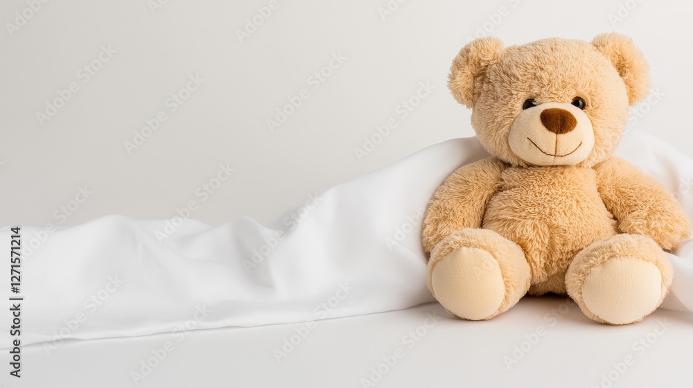 Cute teddy bear sitting on a white blanket, creating a cozy atmosphere for children Cute teddy bear sitting on a white blanket, creating a cozy atmosphere for children