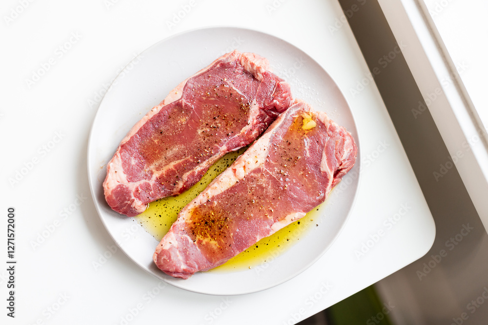 Steak under seasoning, Two pieces of meat on a plate with pepper and oil Steak under seasoning, Two pieces of meat on a plate with pepper and oil