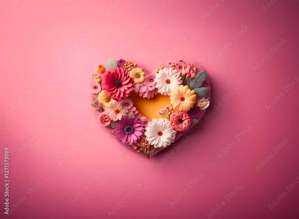 A heart shape made of colorful flowers is positioned on a pink backdrop. The arrangement is vibrant and romantic, perfect for expressing love. A heart shape made of colorful flowers is positioned on a pink backdrop. The arrangement is vibrant and romantic, perfect for expressing love.