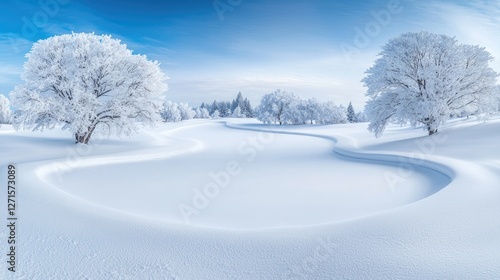 Snow-covered trees, winter golf course, serene landscape, winter wonderland