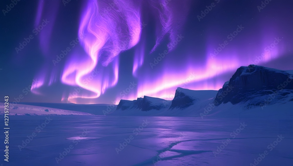 Fototapeta premium Spectacular Aurora Borealis Over Snowy Landscape with Purple and Pink Light