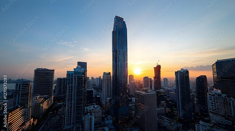 Fototapeta premium Modern City Skyline at Sunset with Tall Skyscraper