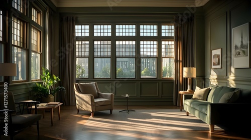 Wallpaper Mural Sunlit Living Room with Green Walls and City View Torontodigital.ca