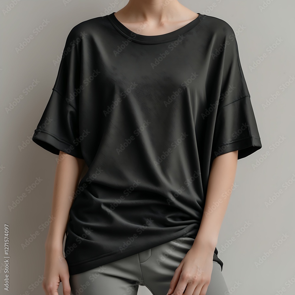 Black Oversize T-shirt Mockup, A versatile black t-shirt featuring a relaxed fit Black Oversize T-shirt Mockup, A versatile black t-shirt featuring a relaxed fit