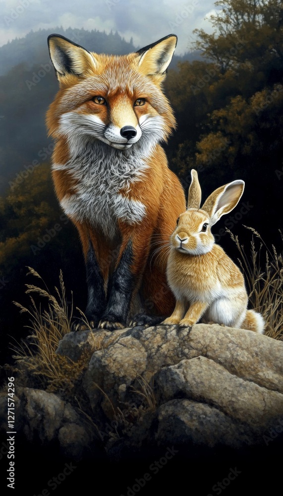 Fototapeta premium Wildlife Harmony A Majestic Red Fox and a Gentle Rabbit Share a Moment of Serenity in Nature