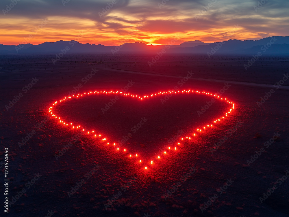 Fototapeta premium A glowing heart shape made of lights sits on the ground against a stunning sunset backdrop, creating a romantic and tranquil scene.