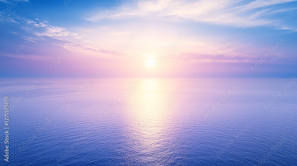 Fototapeta premium Serene sunrise over calm ocean waters, with soft pastel colors reflecting on the surface