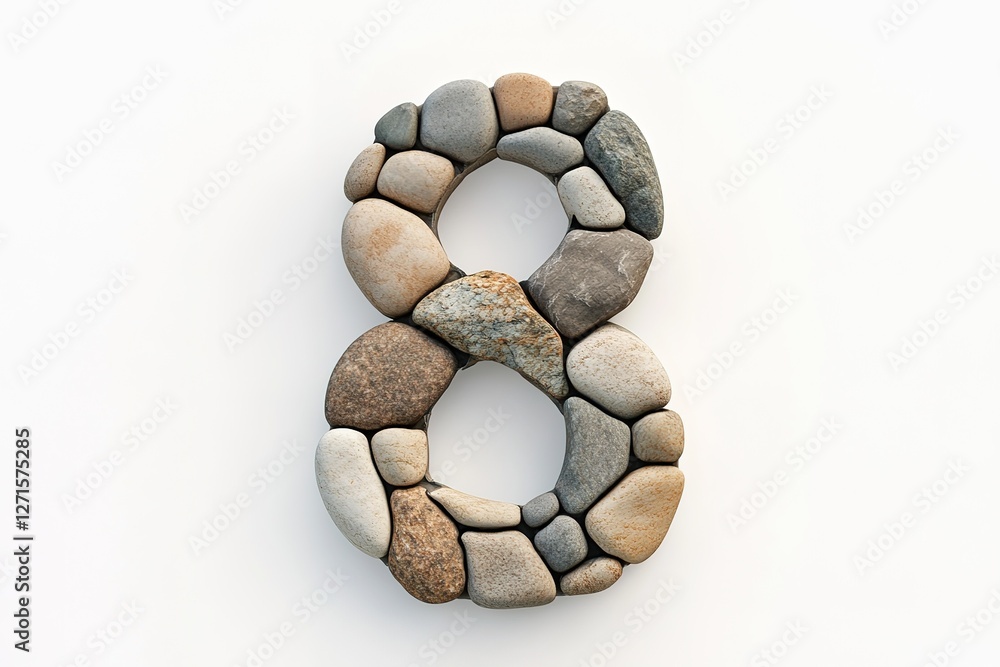Stone Eight: Nature's Number, Rustic Charm, Pebble Formation, Eight Shaped Stones, Number Eight Design, Natural Number Eight, Creative Number Eight, Pebble Art, Stone Arrangement, White Background,   