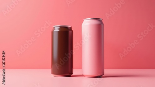 Two cylindrical aluminum cans, one brown and one pink, stand side by side against a coral backdrop.  A minimalist product presentation showcasing beverage containers.