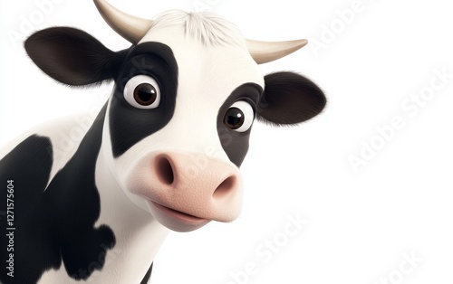 Close-up of a curious cartoon cow with big eyes and distinctive black and white markings