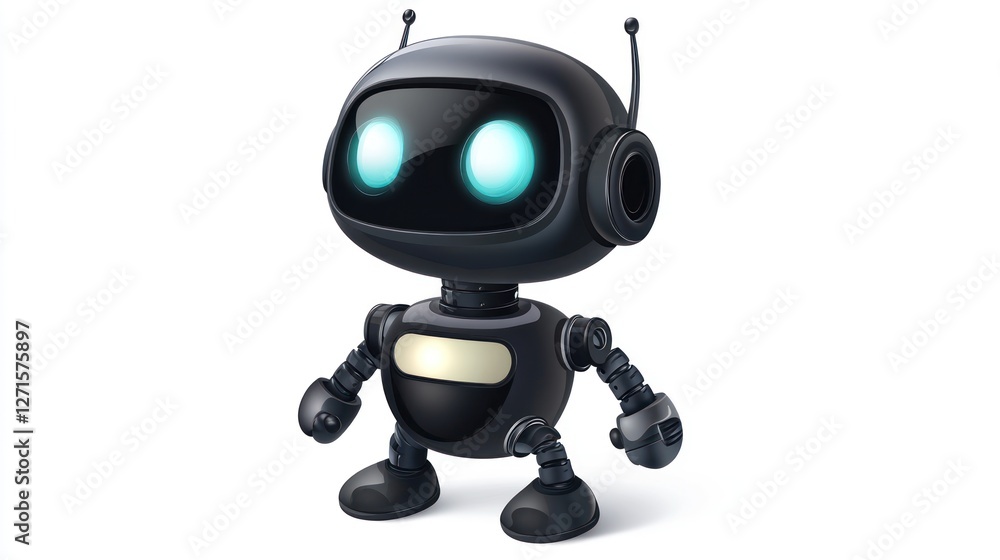 Cute black robot character with glowing blue eyes, isolated on white background. Cute black robot character with glowing blue eyes, isolated on white background.