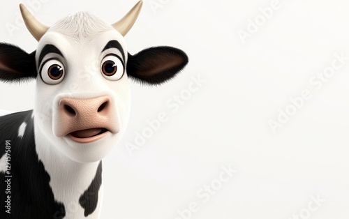 Cartoon cow with expressive eyes and surprised expression against a plain background