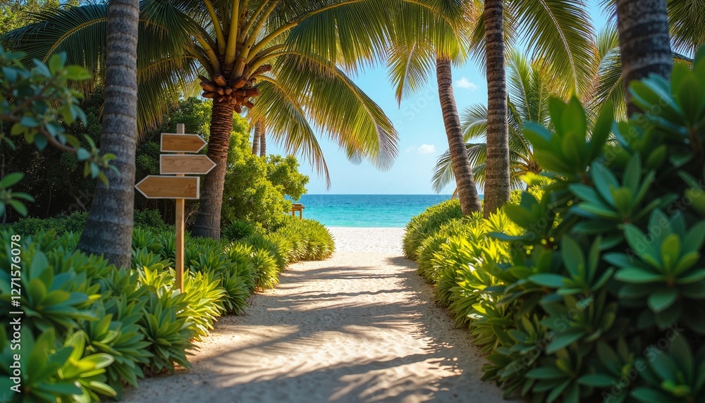 Inviting pathway through lush greenery to the beach, summer escape Inviting pathway through lush greenery to the beach, summer escape