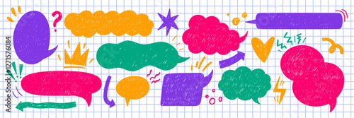 Set of text boxes, speech bubbles, arrow and cloud with crayon or chalk texture. Retro illustration on the notebook pages.