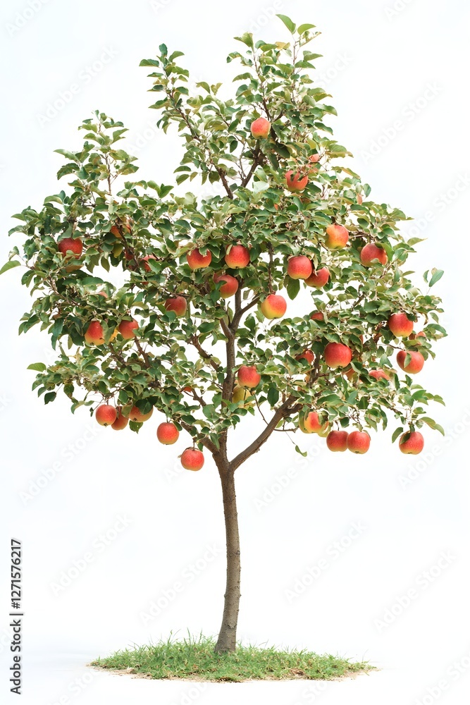 A young and fresh apple tree, with ripening fruits hanging from its branches, on a white background A young and fresh apple tree, with ripening fruits hanging from its branches, on a white background