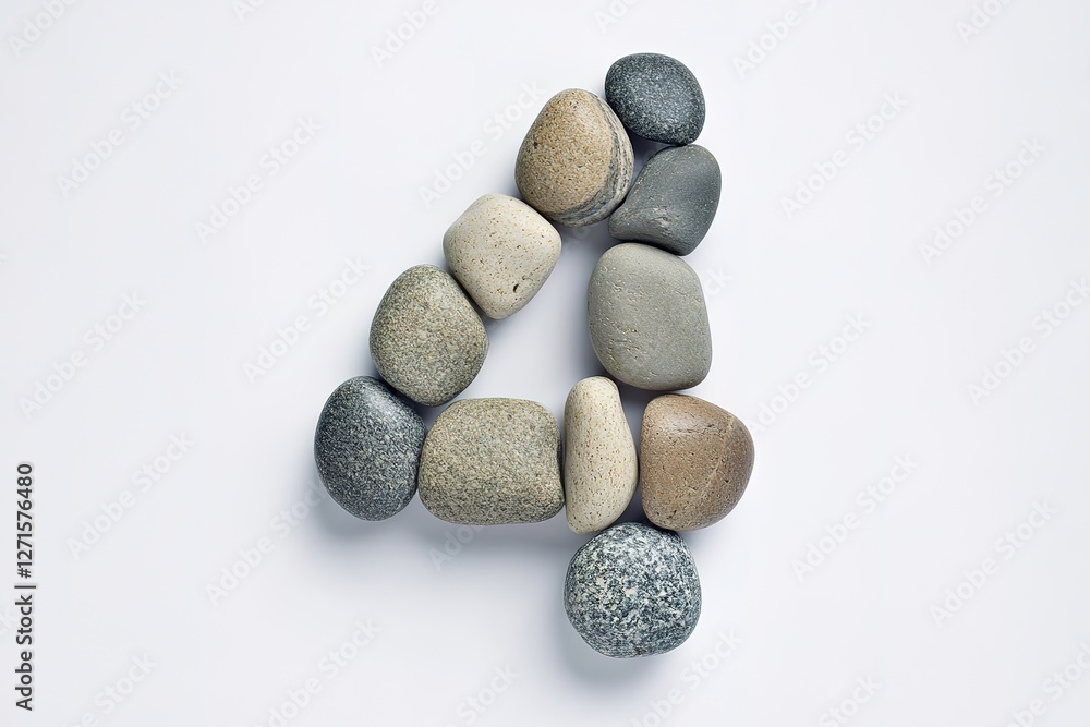 Stone Number Four: Natural Pebble Numeral, Smooth River Rocks Forming the Number 4, Isolated on White, Perfect for Educational Resources, Website Design Elements, Creative Projects, and Nature-Themed Stone Number Four: Natural Pebble Numeral, Smooth River Rocks Forming the Number 4, Isolated on White, Perfect for Educational Resources, Website Design Elements, Creative Projects, and Nature-Themed