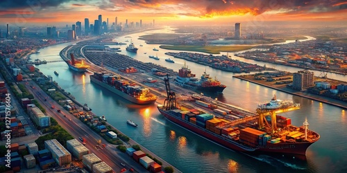 Aerial View of Houston Ship Channel, Industrial Port, Texas, USA