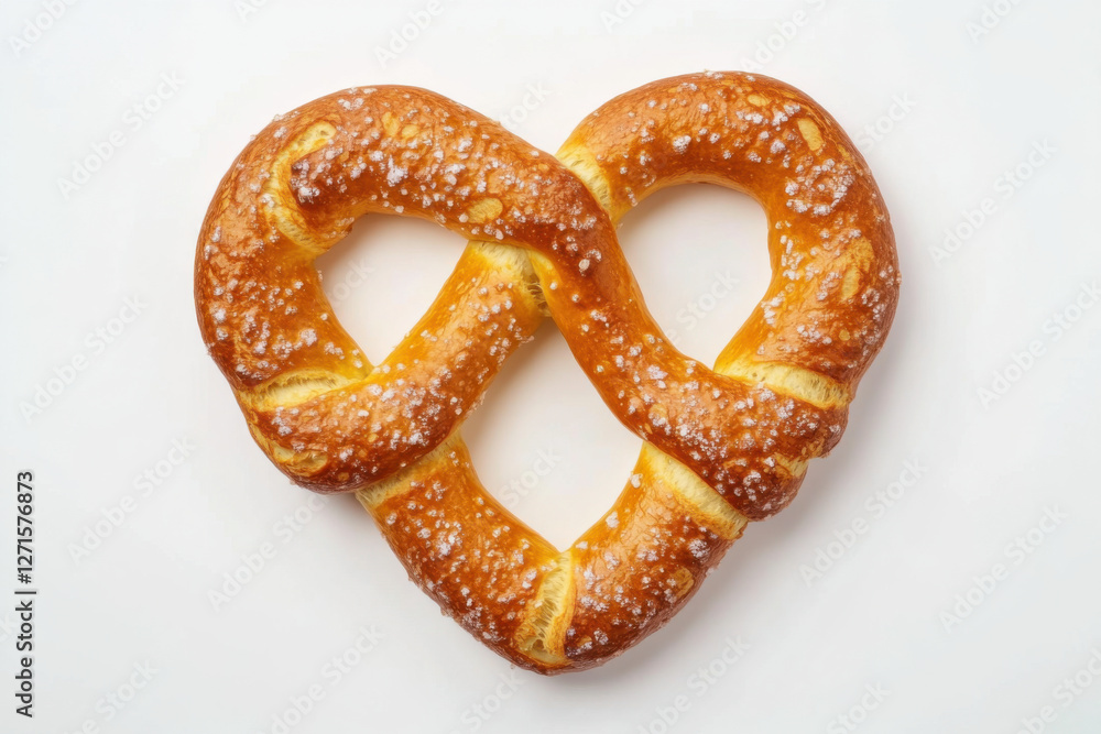 Golden-brown heart-shaped pretzel sprinkled with coarse salt isolated on a white background Golden-brown heart-shaped pretzel sprinkled with coarse salt isolated on a white background