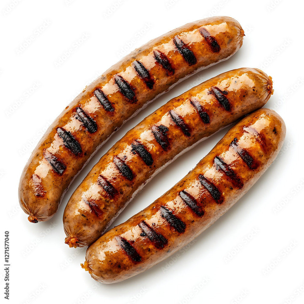Three Grilled Sausages on White Background Three Grilled Sausages on White Background