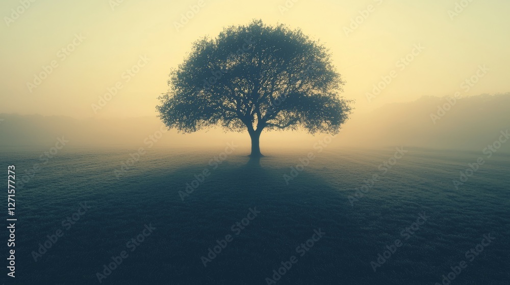 Obraz premium Majestic Lone Tree in Misty Morning Landscape with Soft Light