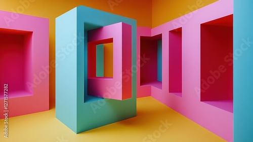 Bright, angular 3D squares overlap, creating an illusion of depth and motion in a futuristic setting.