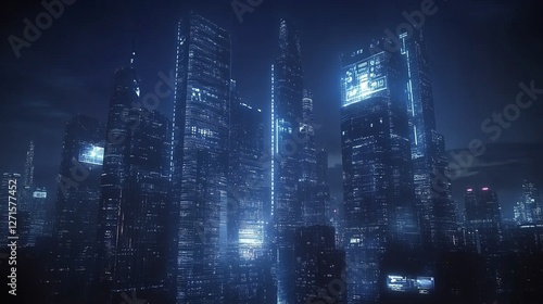 Awe-inspiring Futuristic Cityscape at Night, Glowing Skyscrapers in a Digital World photo