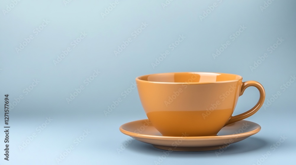 Obraz premium Warm amber teacup sits serenely on saucer against soft blue background. AI Generated