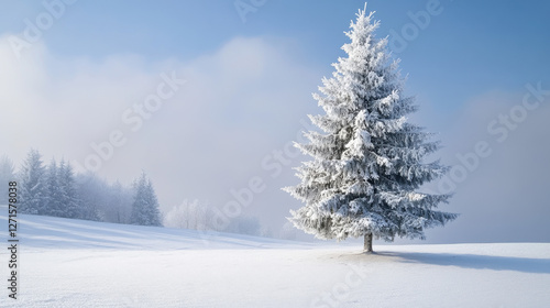 Wallpaper Mural A frost-covered evergreen tree standing tall in a snowy winter landscape —ar 16:9  Torontodigital.ca