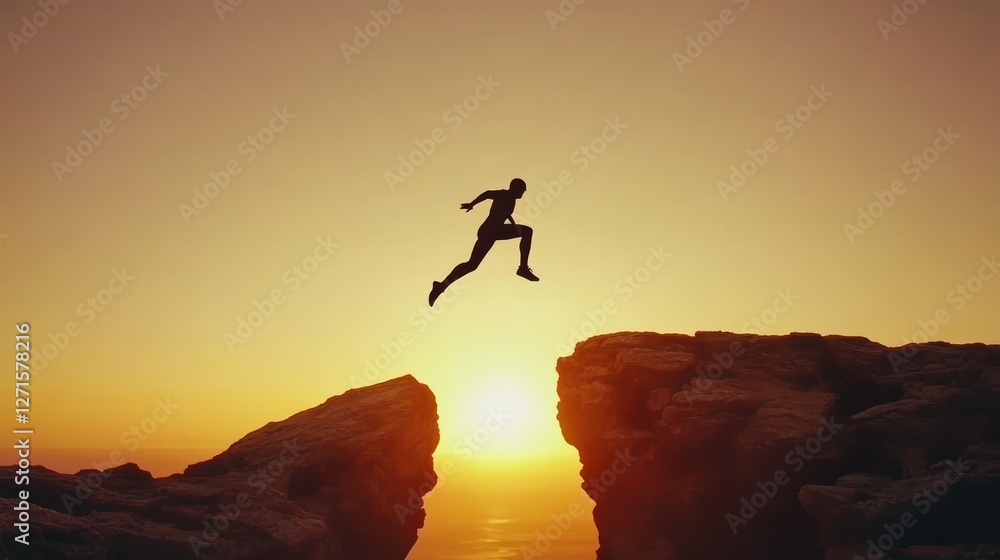 Silhouette of a person leaping across a gap between two rocky cliffs against a bright sun, symbolizing courage, risk-taking, and personal growth. Silhouette of a person leaping across a gap between two rocky cliffs against a bright sun, symbolizing courage, risk-taking, and personal growth.