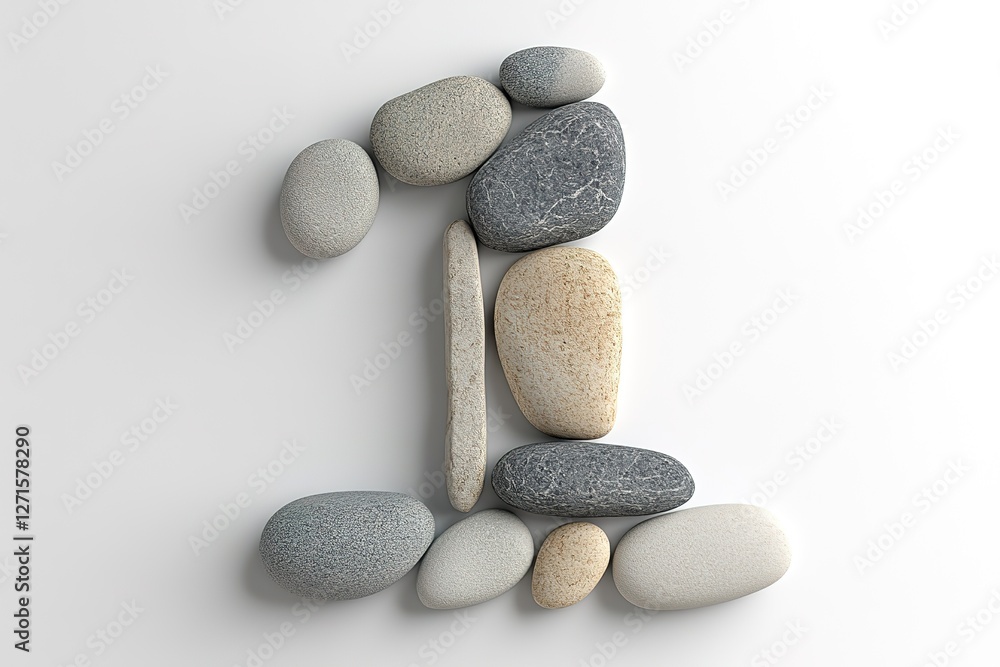 Pebble Number One: A Unique & Creative Number One Design Crafted From Assorted Pebbles, Isolated on a Clean White Background. Perfect for Branding, Websites, and Design Projects. Achieve a Natural, Pebble Number One: A Unique & Creative Number One Design Crafted From Assorted Pebbles, Isolated on a Clean White Background. Perfect for Branding, Websites, and Design Projects. Achieve a Natural,