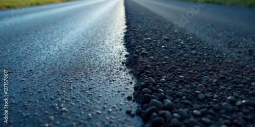 Close-up view of a freshly paved road surface, showing the contrast between smooth asphalt and the rough texture of gravel shoulder